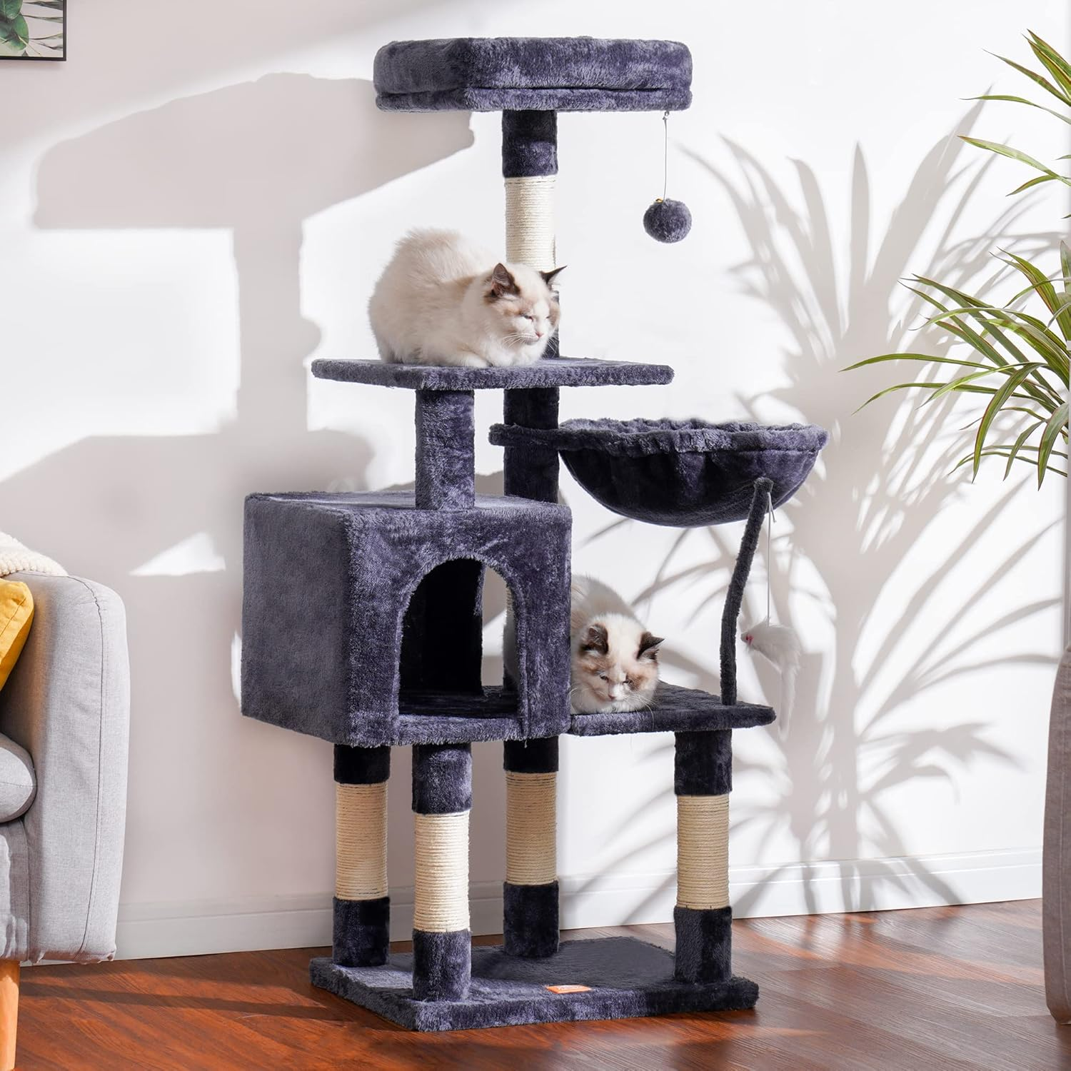 Cat Tree with Toy, Cat Tower Condo for Indoor Cats, Cat House with Padded Plush Perch, Cozy Hammock and Sisal Scratching Posts, Smoky Gray HCT004G - Image 2