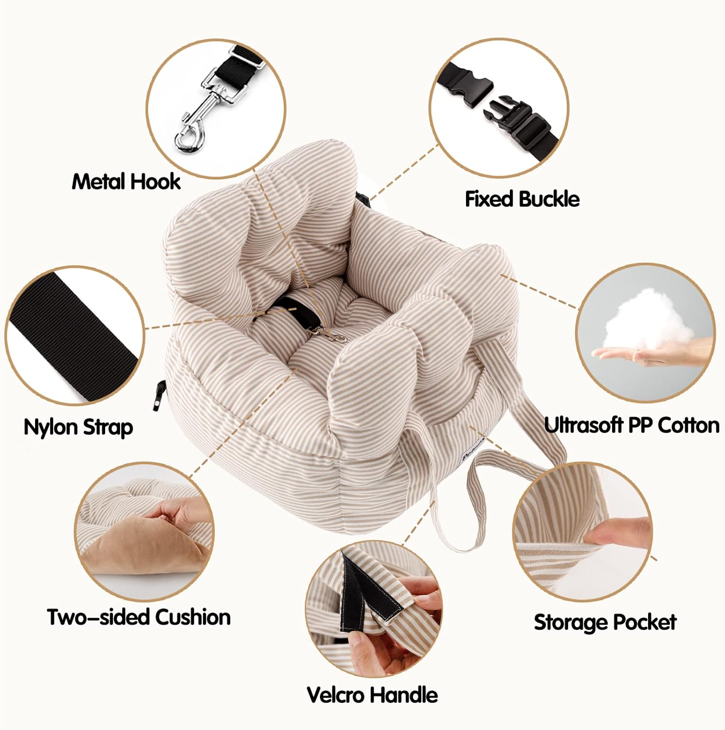 Dog Car Seat for Small Dogs, Portable Puppy Car Seat of Easy Installation, Fashionable Pet Carrier Bag with Large Pockets, Machine Washable Dog Booster Seat (Striped Khaki) - Image 5