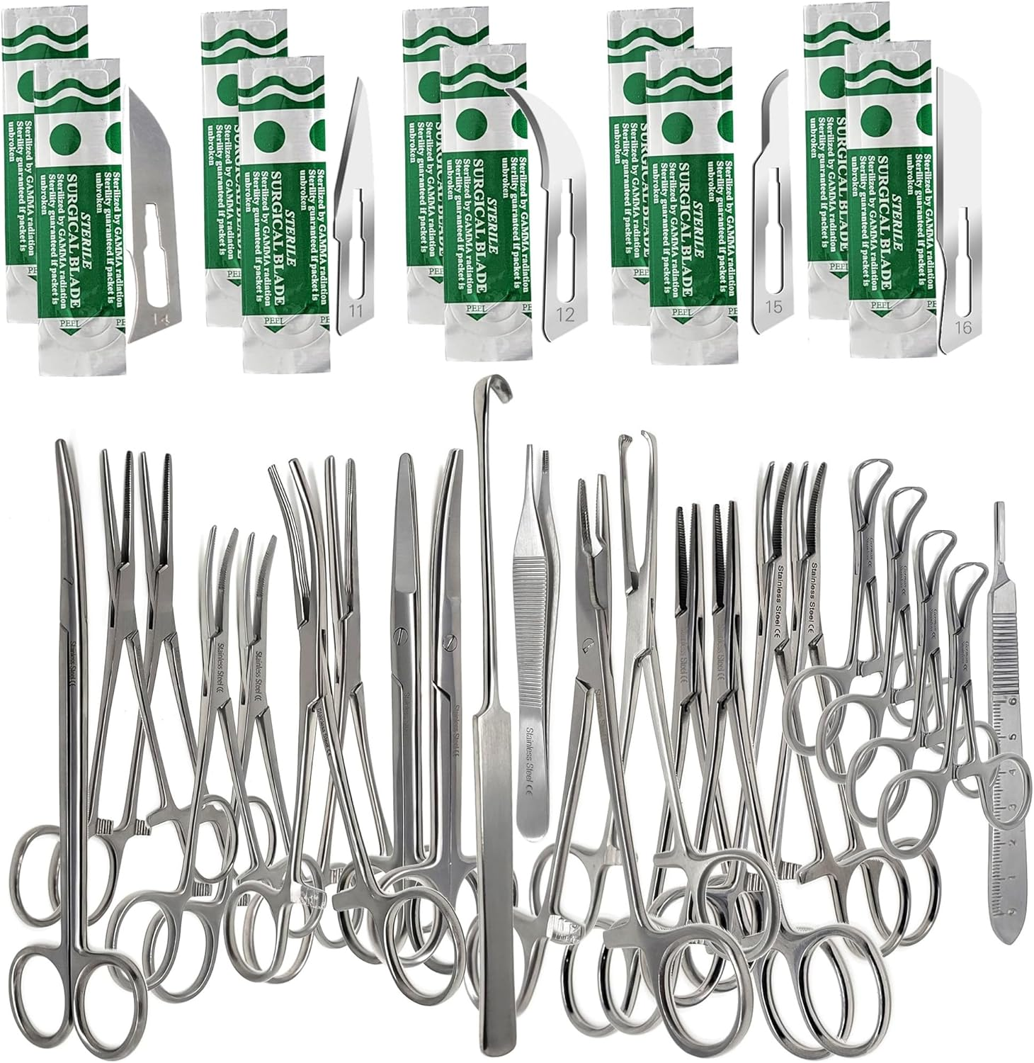 Premium 72 Pcs Feline + Canine Spay Pack Stainless Steel Veterinary Set - Scissors Forceps Hemostats Needle Holder Backhaus Clamps + Extra Blades - All in 1 Complete Kit