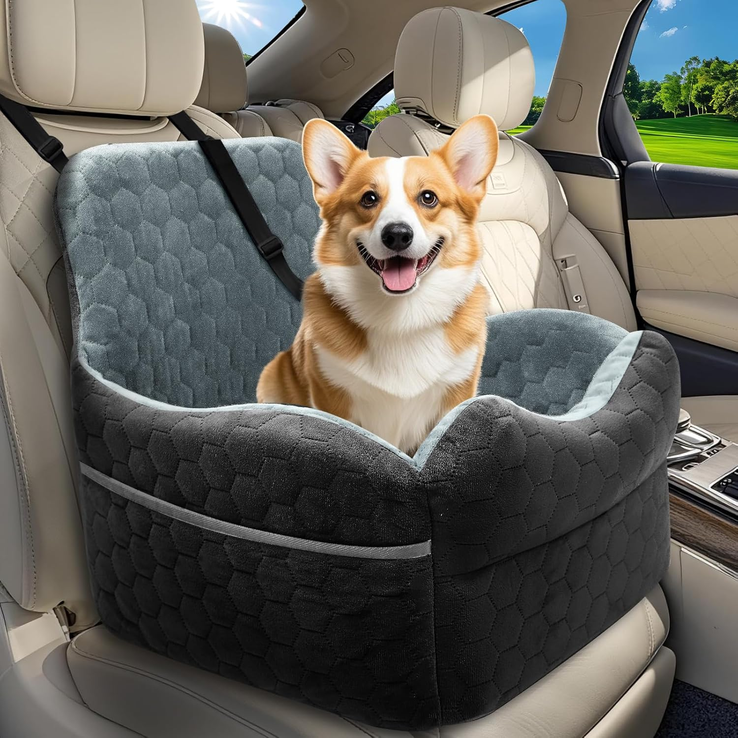 Dog Car Seat for Small Dogs - Puppy Car Seat under 35 Lbs with Thick Elevated Cushion & Safety Belt for Travel - Detachable & Washable Dog Booster Seat with 2 Sides Storage Pockets(Black/Gray)