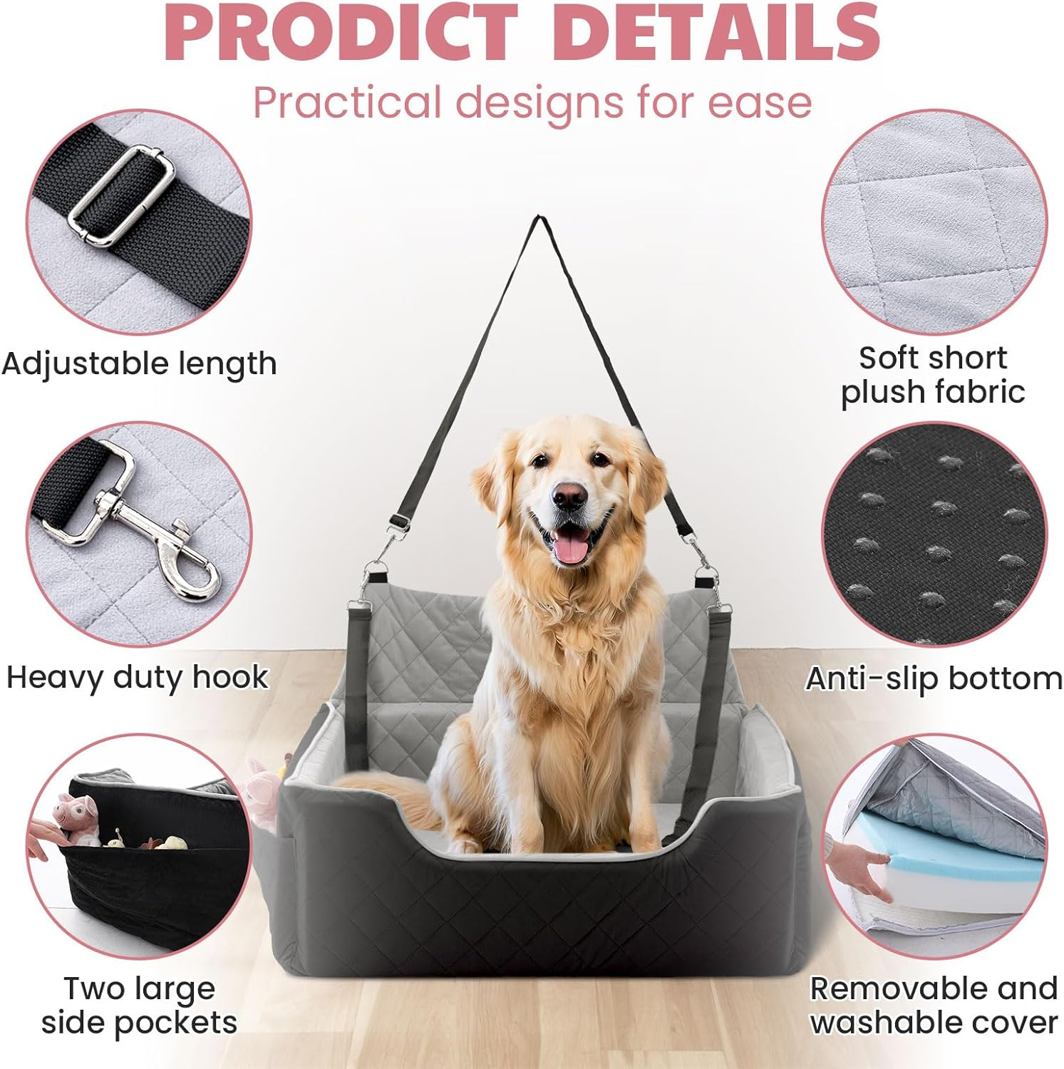 Dog Car Seat for Large/Medium Dogs, Dog Booster Seat for under 50Lbs or 2 Small Dogs, Non-Slip Removable and Washable Pet Car Seat,2 Safety Leashes, Travel Pet Bed, Black - Image 4