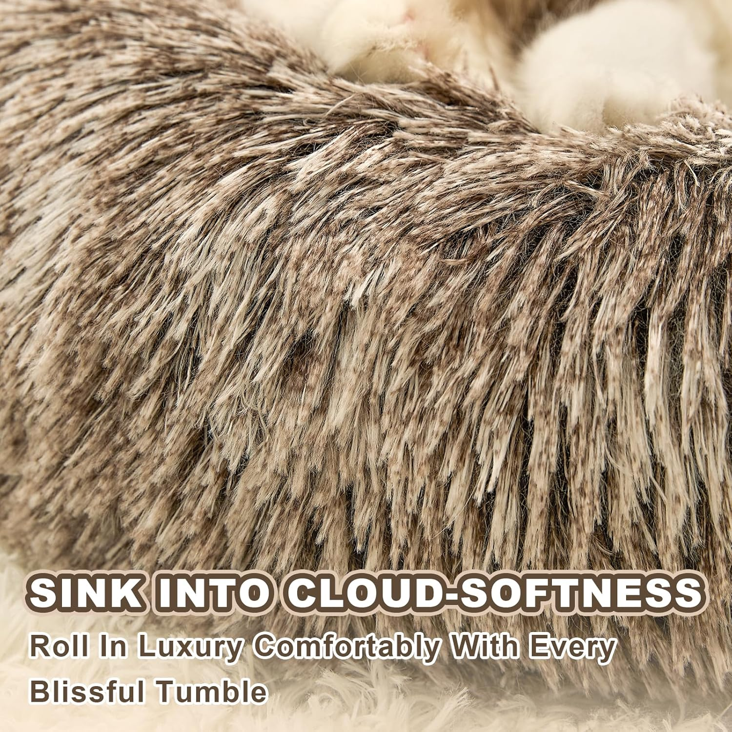 Paw Shape Calming Pet Bed, Plush Faux Fur Donut Bed for Dogs & Cats, Machine Washable, Non-Slip Bottom, Medium (22"×22"×6"), Gray - Image 3