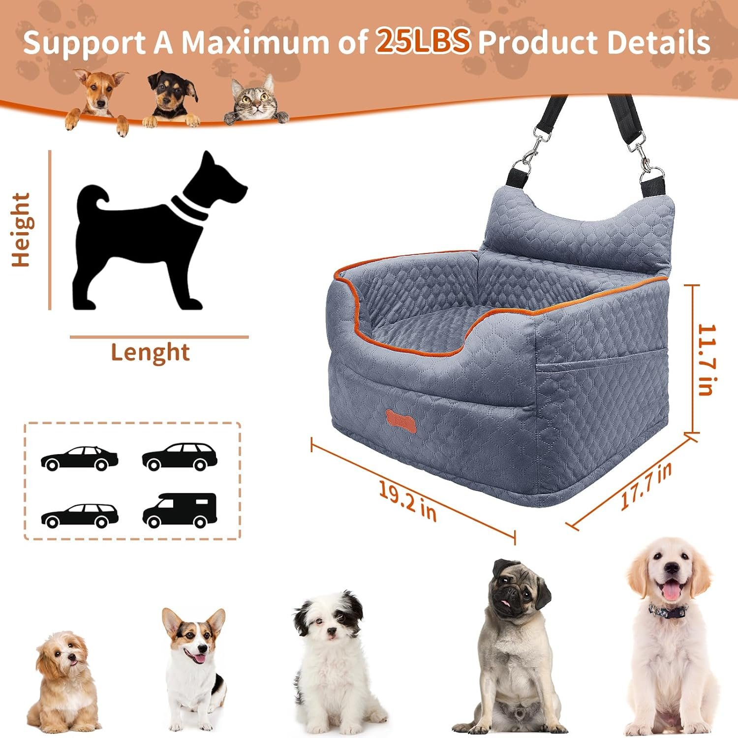 Dog Car Seat - Memory Foam Dog Booster Seat for Small Dogs up to 25Lbs-Elevated Pet Car Seat with Storage Pockets and Dog Seat Belt-Soft Pet Travel Bed for Front & Back Seats-Removable Washable-Grey - Image 3