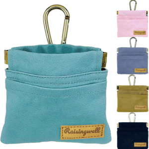 Dog Treat Pouch, Green Pocket Sized Pet Training Pouch, Cotton Fabric, Hand Free Dog Walking Bag with Carabiner, Self-Closing Pet Feed Snack Reward, for Puppy Travel or Outdoor Use