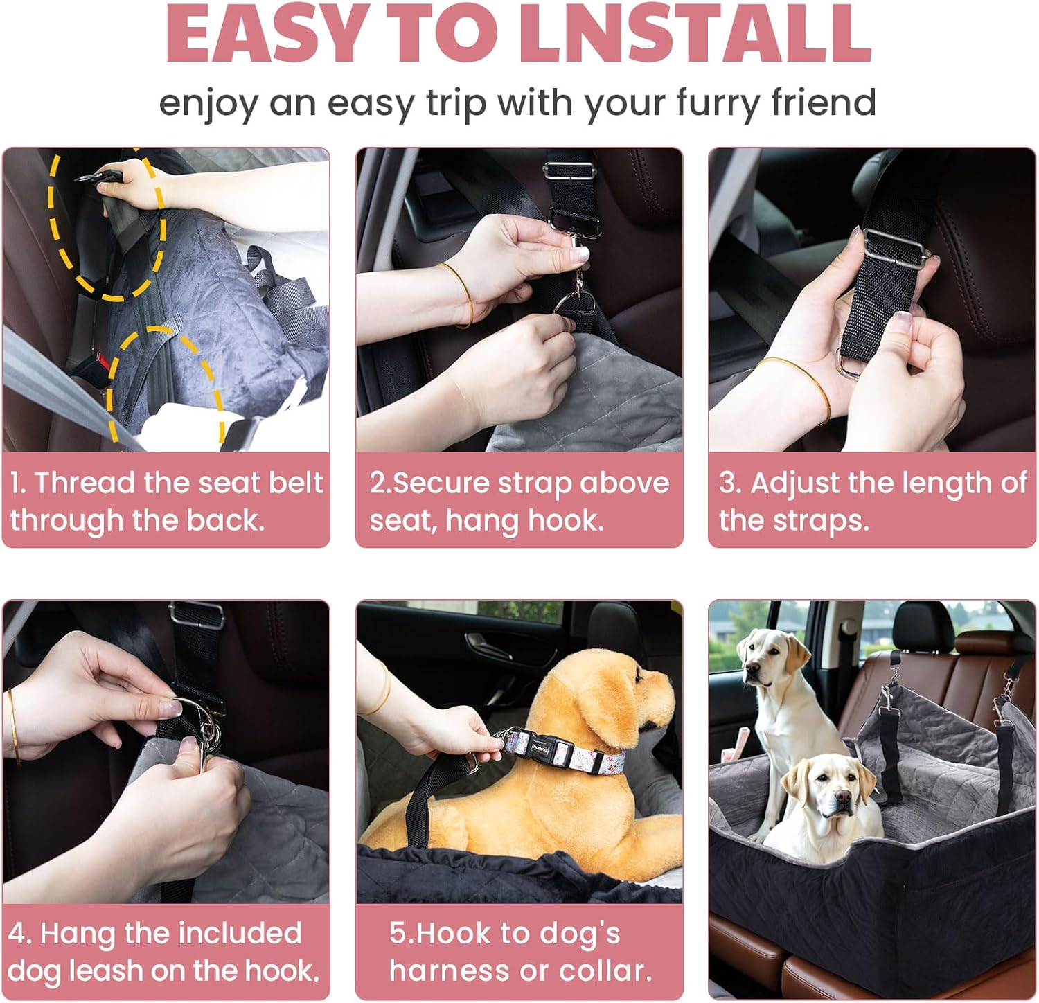 Dog Car Seat for Large/Medium Dogs, Dog Booster Seat for under 50Lbs or 2 Small Dogs, Non-Slip Removable and Washable Pet Car Seat,2 Safety Leashes, Travel Pet Bed, Black - Image 5