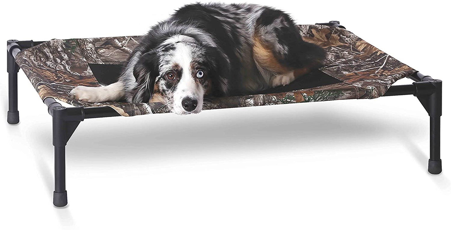 Outdoor Elevated Dog Cot, Breathable Cooling Elevated Cot Hammock Pet Bed for Medium Dogs, Washable Mesh Cover, Raised Metal Frame, Collapsible, Portable - Medium 32 X 25In Camo