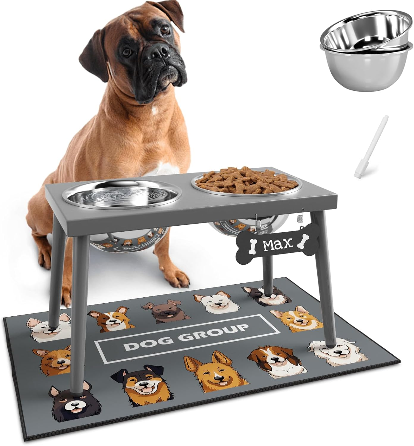 Raised Dog Bowl Stand for Large Dogs, 10” Tall Elevated Feeder with Spill-Proof Mat, Stainless Steel 58OZ Bowls for Food & Water, Gray Color (Mat Size: 16X24”)