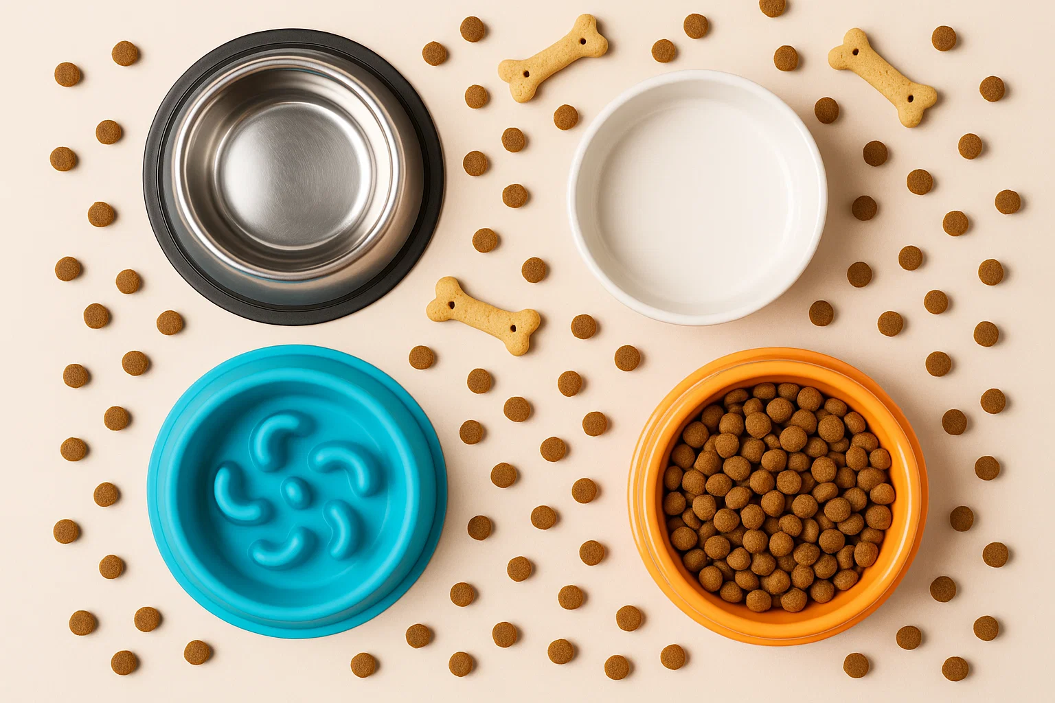 different types of dog bowls flat lay
