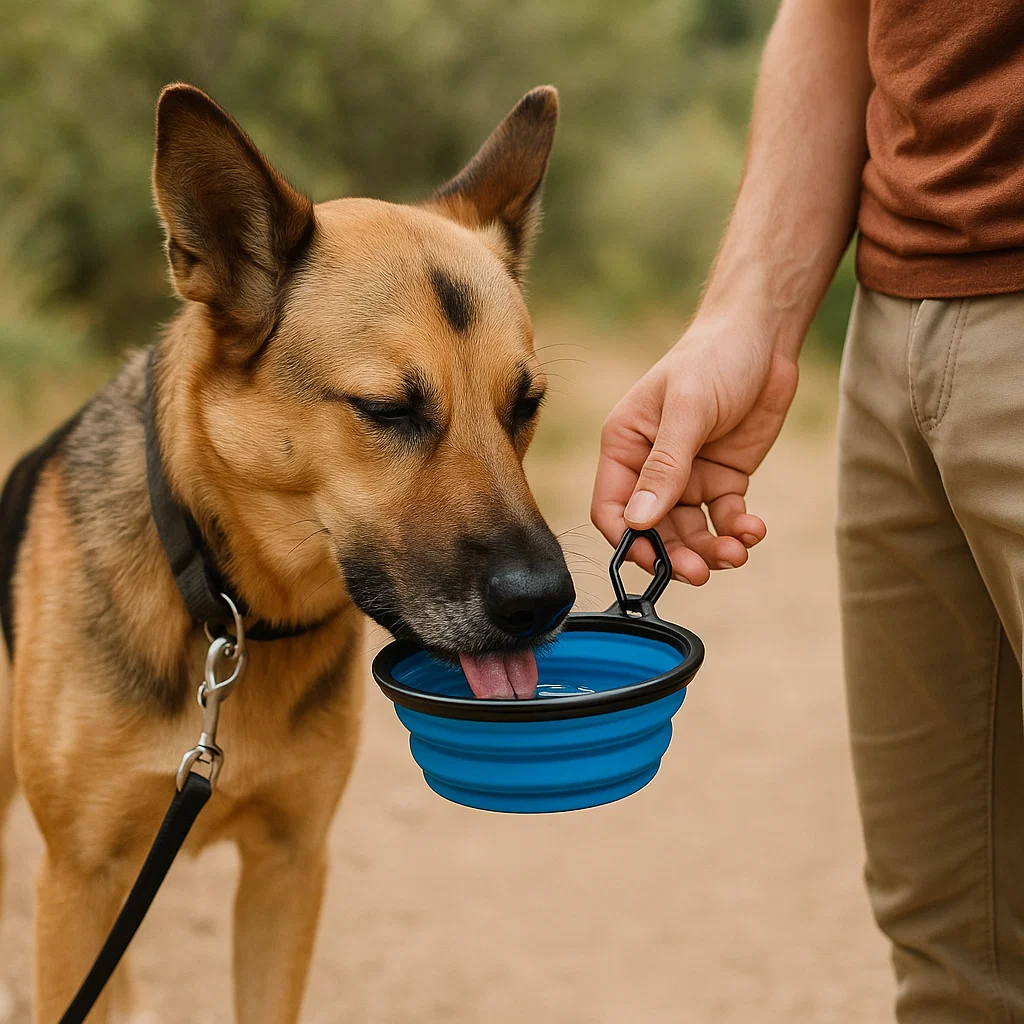 pet drinking from collapsible travel utensil