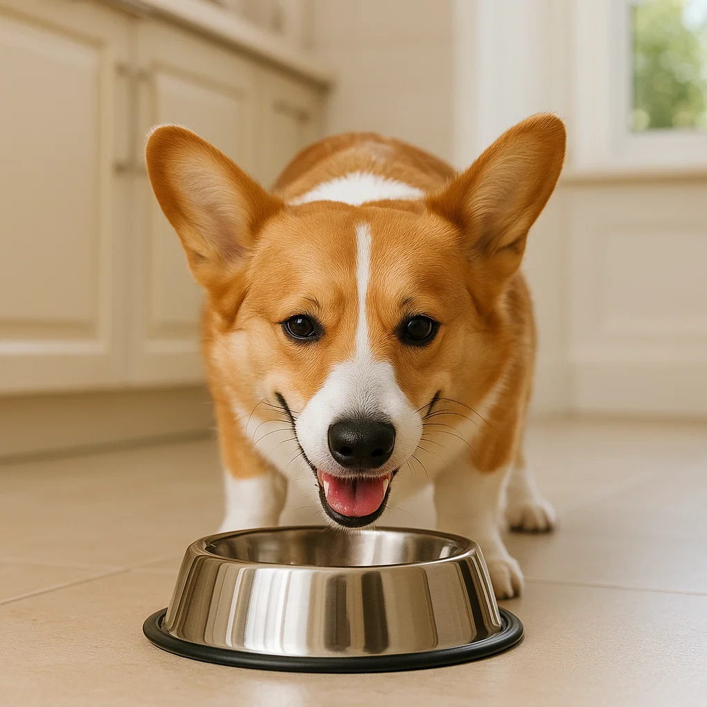 dog eating from stainless steel dog bowl