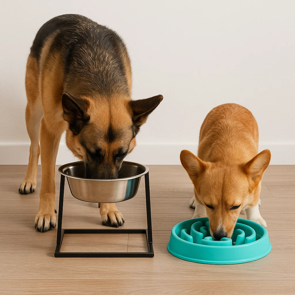 dogs using elevated and slow feeder bowls
