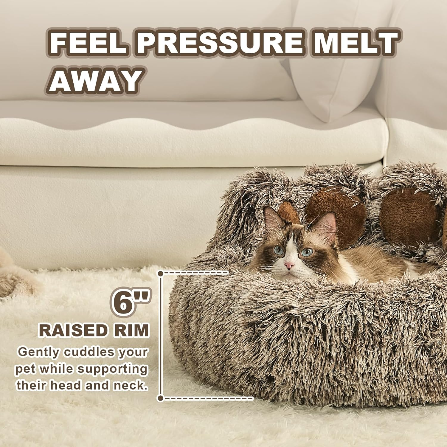 Paw Shape Calming Pet Bed, Plush Faux Fur Donut Bed for Dogs & Cats, Machine Washable, Non-Slip Bottom, Medium (22"×22"×6"), Gray - Image 2