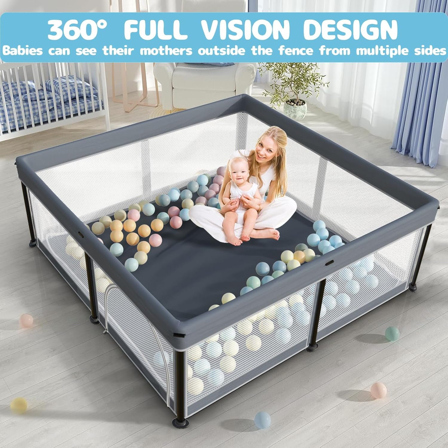 Foldable Baby Playpen with Mat, 50"×50" Collapsible Play Pen for Babies and Toddlers, Indoor & Outdoor Kids Safety Play Pen, Portable Play Yard, Foldable Baby Playpen with 50 Ocean Balls - Image 5