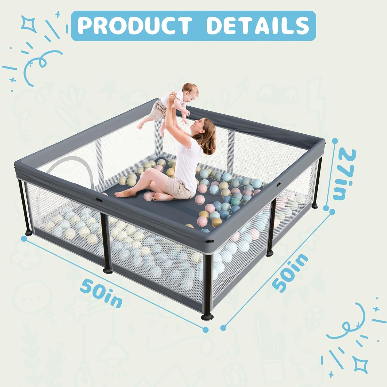 Foldable Baby Playpen with Mat, 50"×50" Collapsible Play Pen for Babies and Toddlers, Indoor & Outdoor Kids Safety Play Pen, Portable Play Yard, Foldable Baby Playpen with 50 Ocean Balls - Image 3