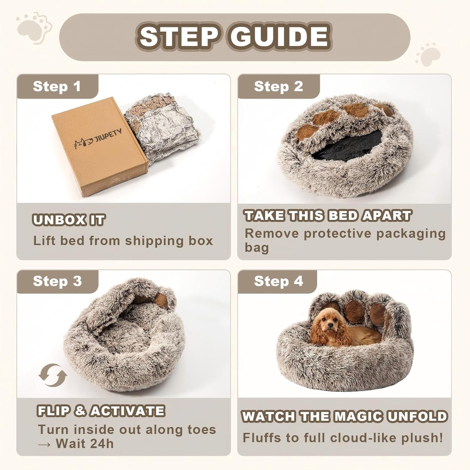 Paw Shape Calming Pet Bed, Plush Faux Fur Donut Bed for Dogs & Cats, Machine Washable, Non-Slip Bottom, Medium (22"×22"×6"), Gray - Image 6