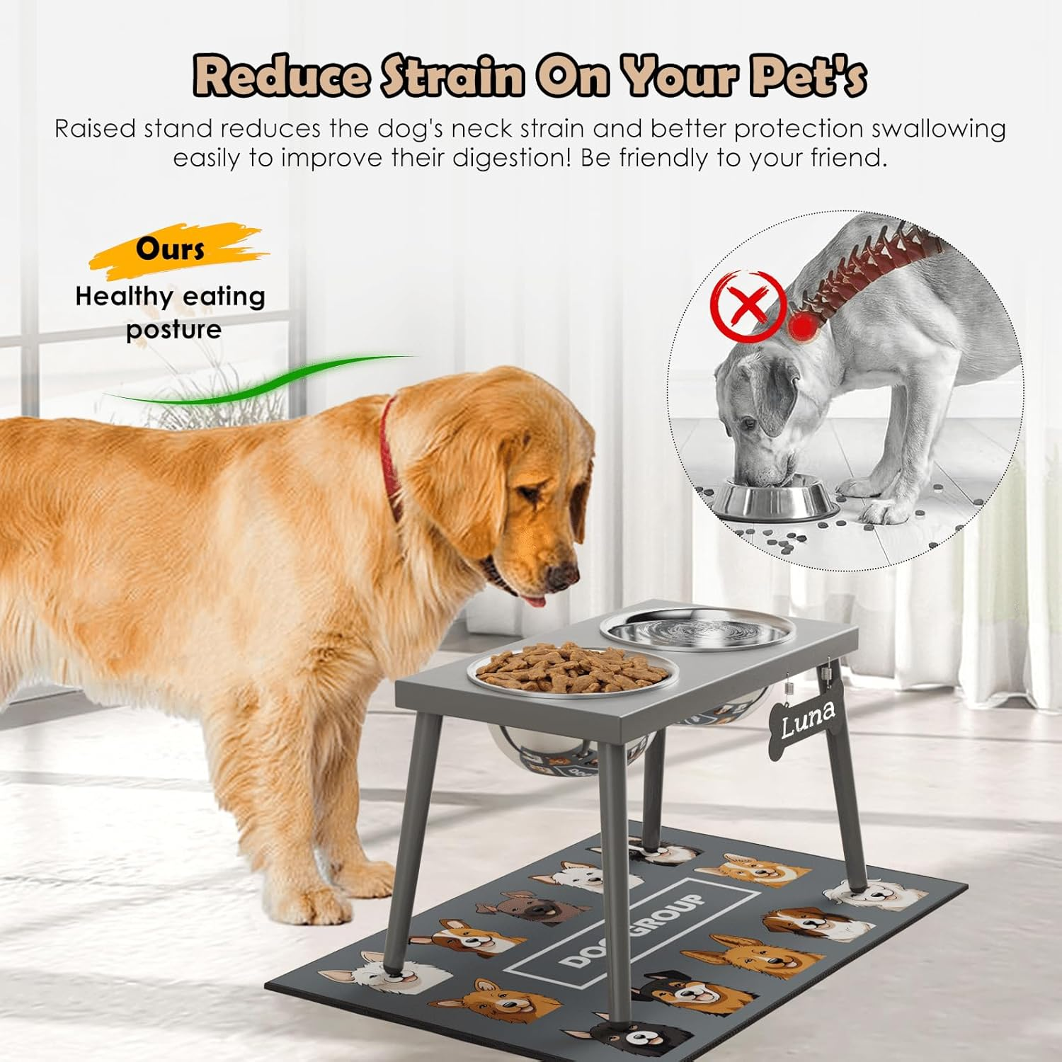 Raised Dog Bowl Stand for Large Dogs, 10” Tall Elevated Feeder with Spill-Proof Mat, Stainless Steel 58OZ Bowls for Food & Water, Gray Color (Mat Size: 16X24”) - Image 2