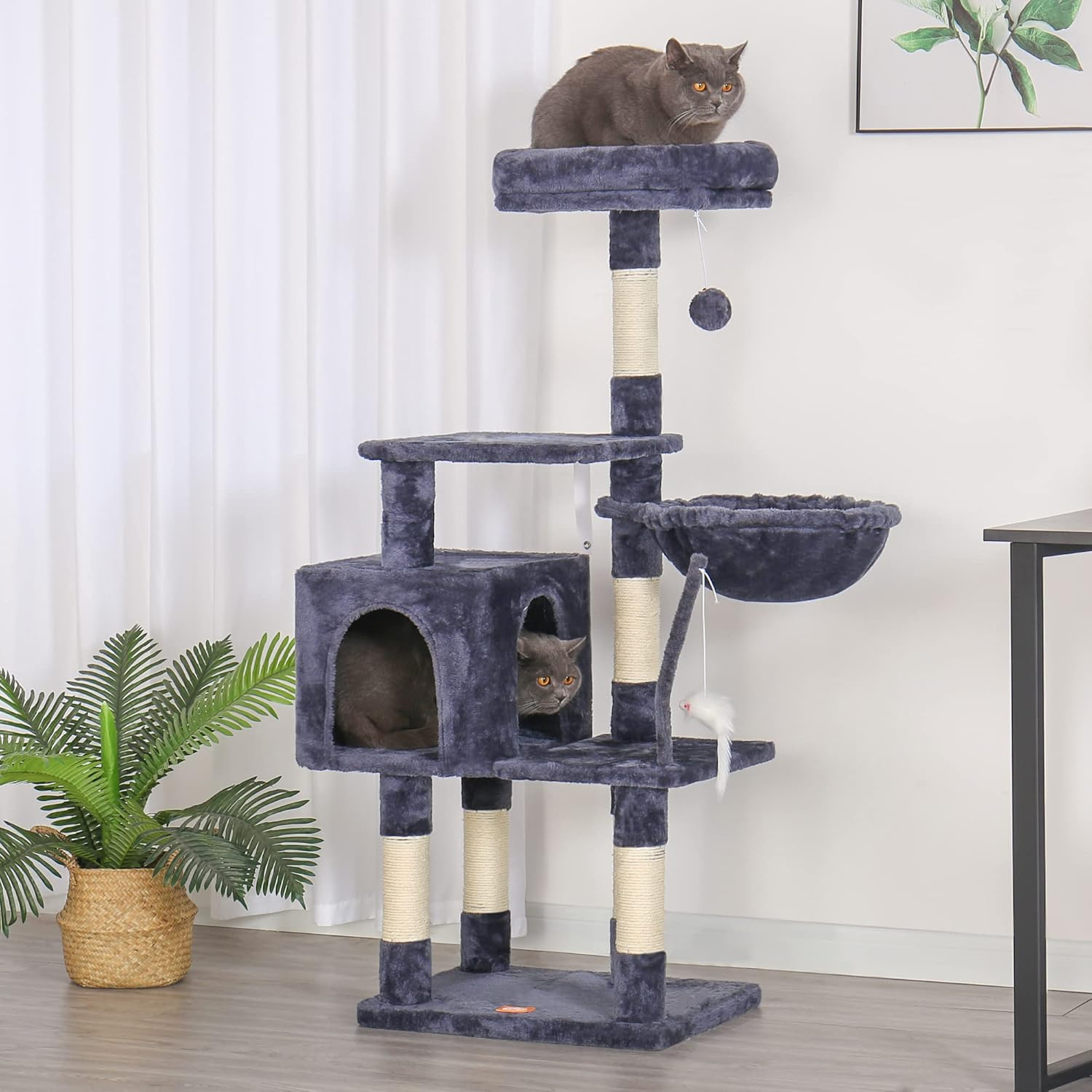 Cat Tree with Toy, Cat Tower Condo for Indoor Cats, Cat House with Padded Plush Perch, Cozy Hammock and Sisal Scratching Posts, Smoky Gray HCT004G - Image 6