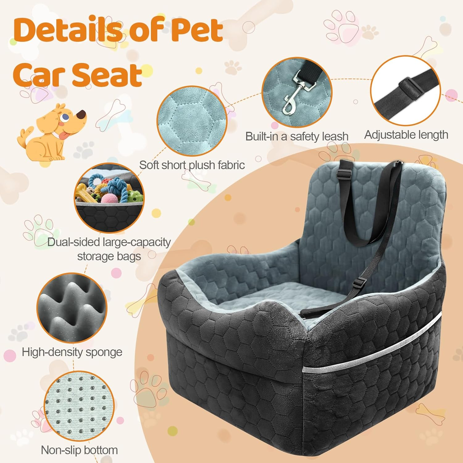 Dog Car Seat for Small Dogs - Puppy Car Seat under 35 Lbs with Thick Elevated Cushion & Safety Belt for Travel - Detachable & Washable Dog Booster Seat with 2 Sides Storage Pockets(Black/Gray) - Image 4