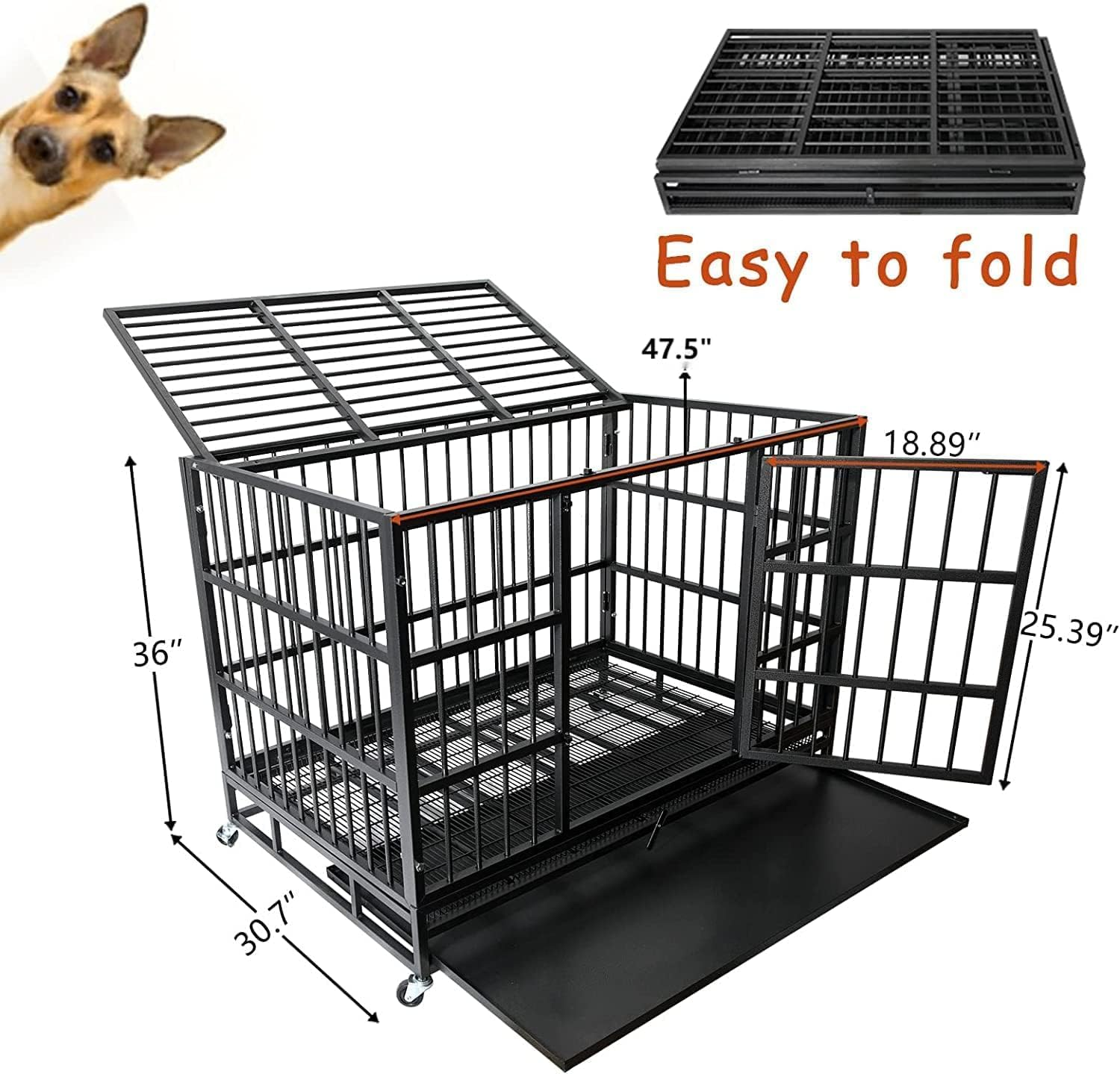 48/38 Inch Heavy Duty Dog Crate Cage Kennel with Wheels, High Anxiety Indestructible, Sturdy Locks Design, Double Door and Removable Tray, Extra Large XL XXL - Image 7