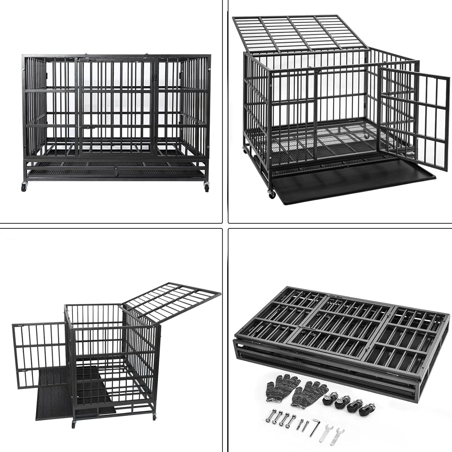 48/38 Inch Heavy Duty Dog Crate Cage Kennel with Wheels, High Anxiety Indestructible, Sturdy Locks Design, Double Door and Removable Tray, Extra Large XL XXL - Image 6