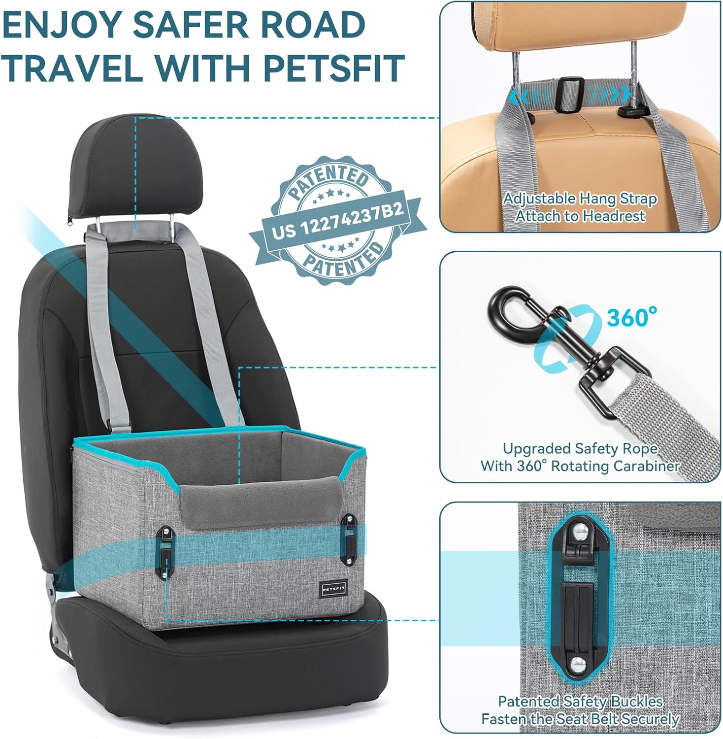 Dog Car Seats for Small Dogs, Patent Safe Buckles Dog Booster Car Seat, Cat Cars Seat with Safety Belt, Suitable for Small Pets up to 25Lbs (Grey) - Image 4
