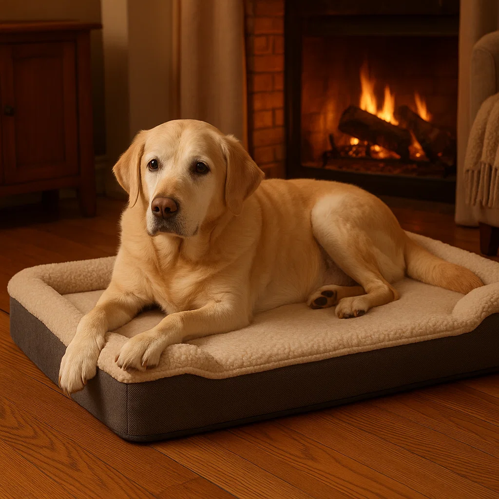 Senior dog resting on orthopaedic bed
