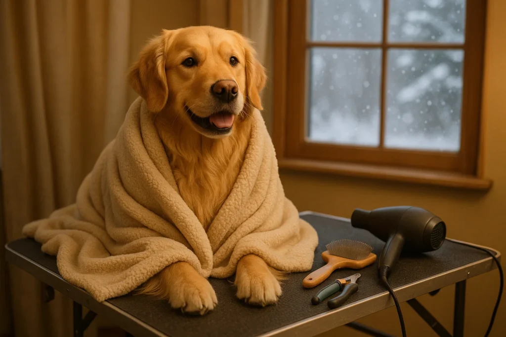Golden retriever winter grooming indoor setup