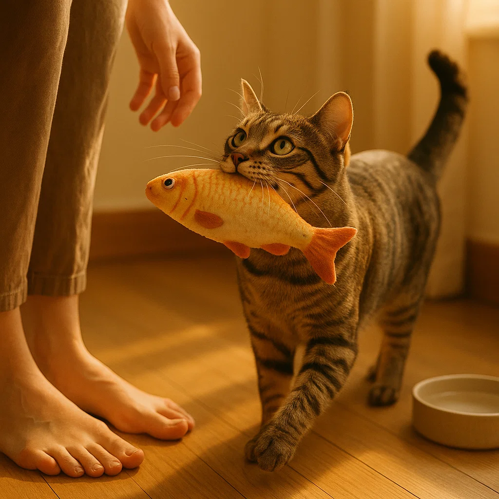 cat bringing toy proudly