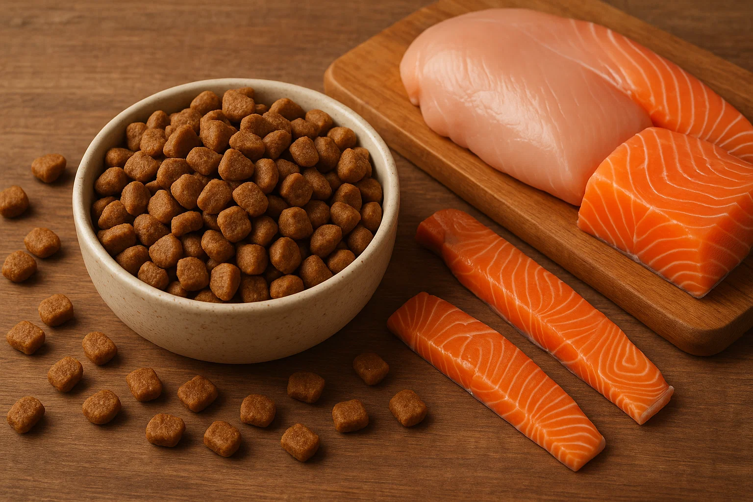 Dry cat food kibble with chicken