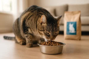 Tabby cat eating dry cat food