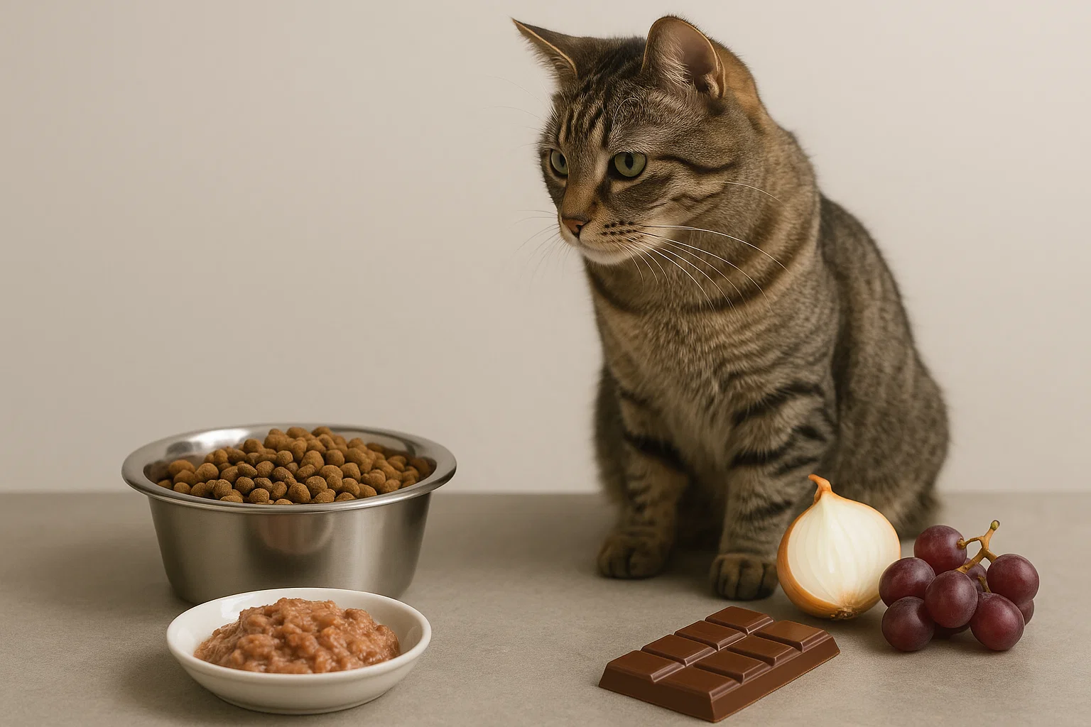 Cat food beside unsafe human foods