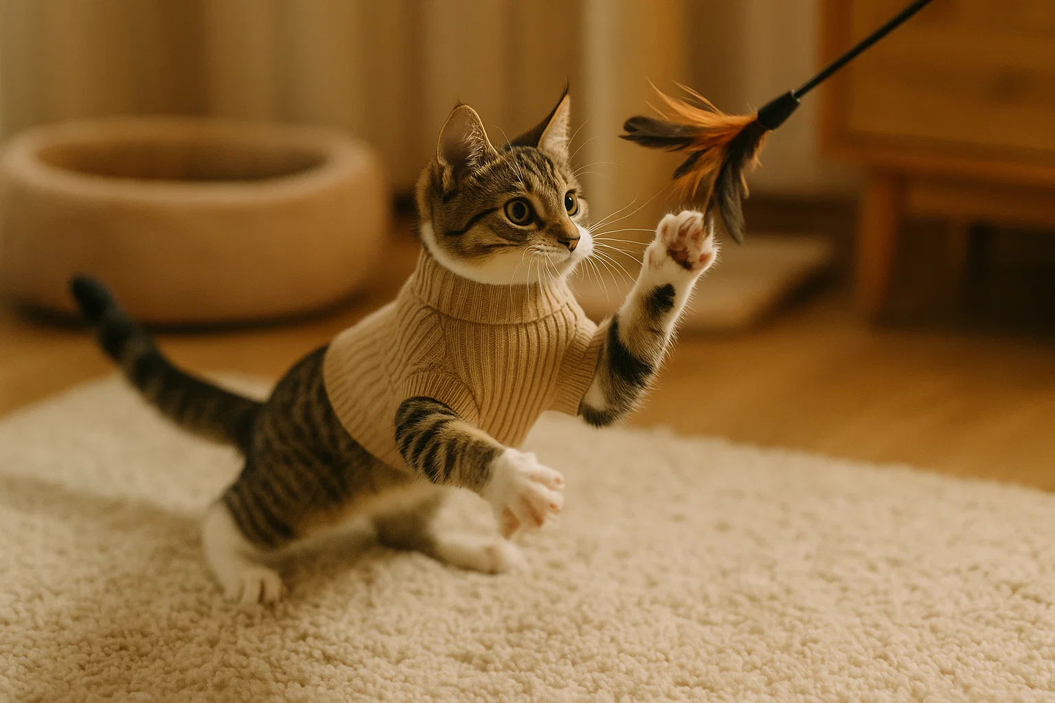 Playful cat wearing fleece sweater