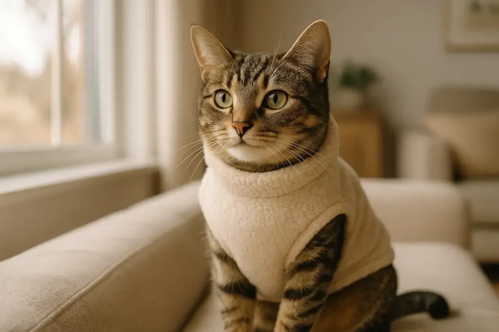 Short-haired cat wearing cozy sweater