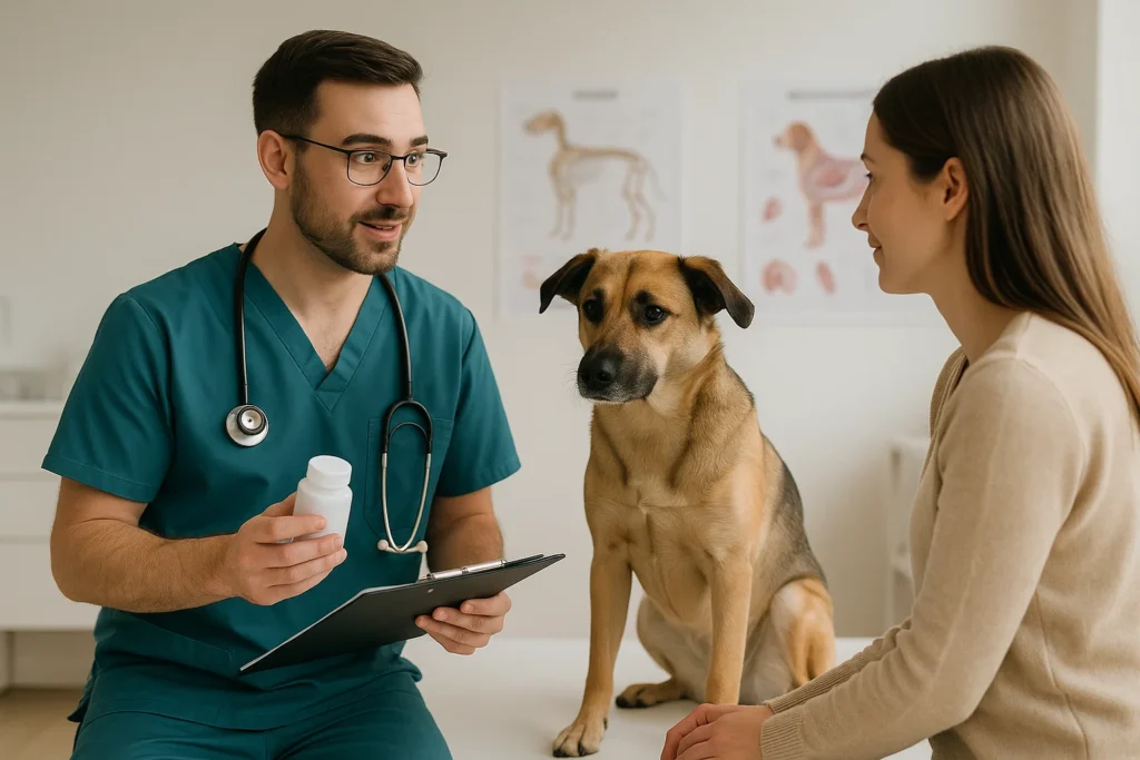 Vet discussing antibiotics with dog owner