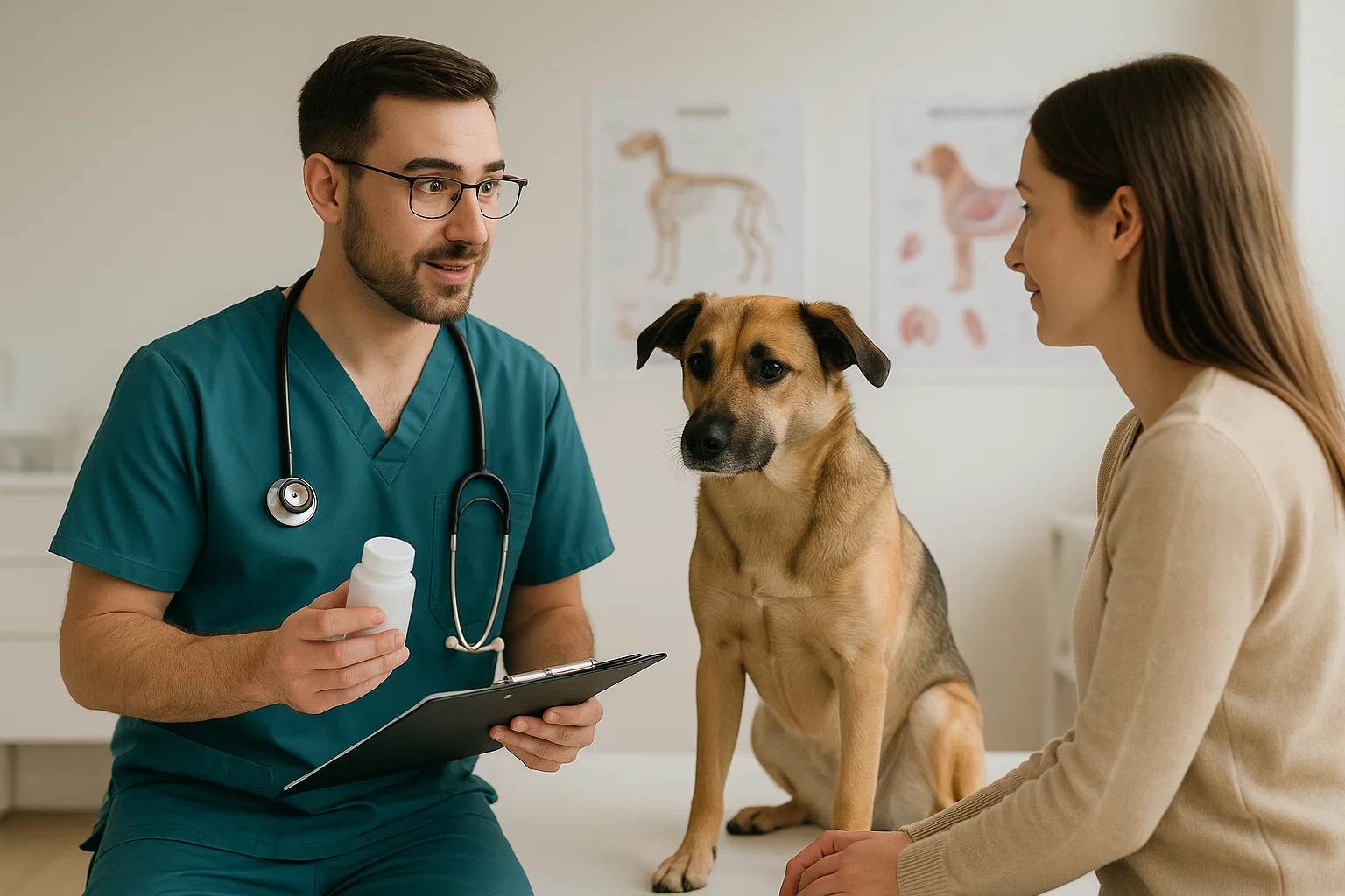 Vet discussing antibiotics with dog owner