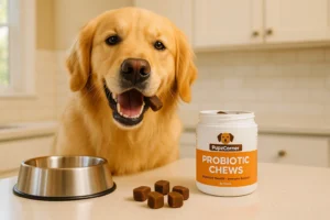happy dog eating probiotics