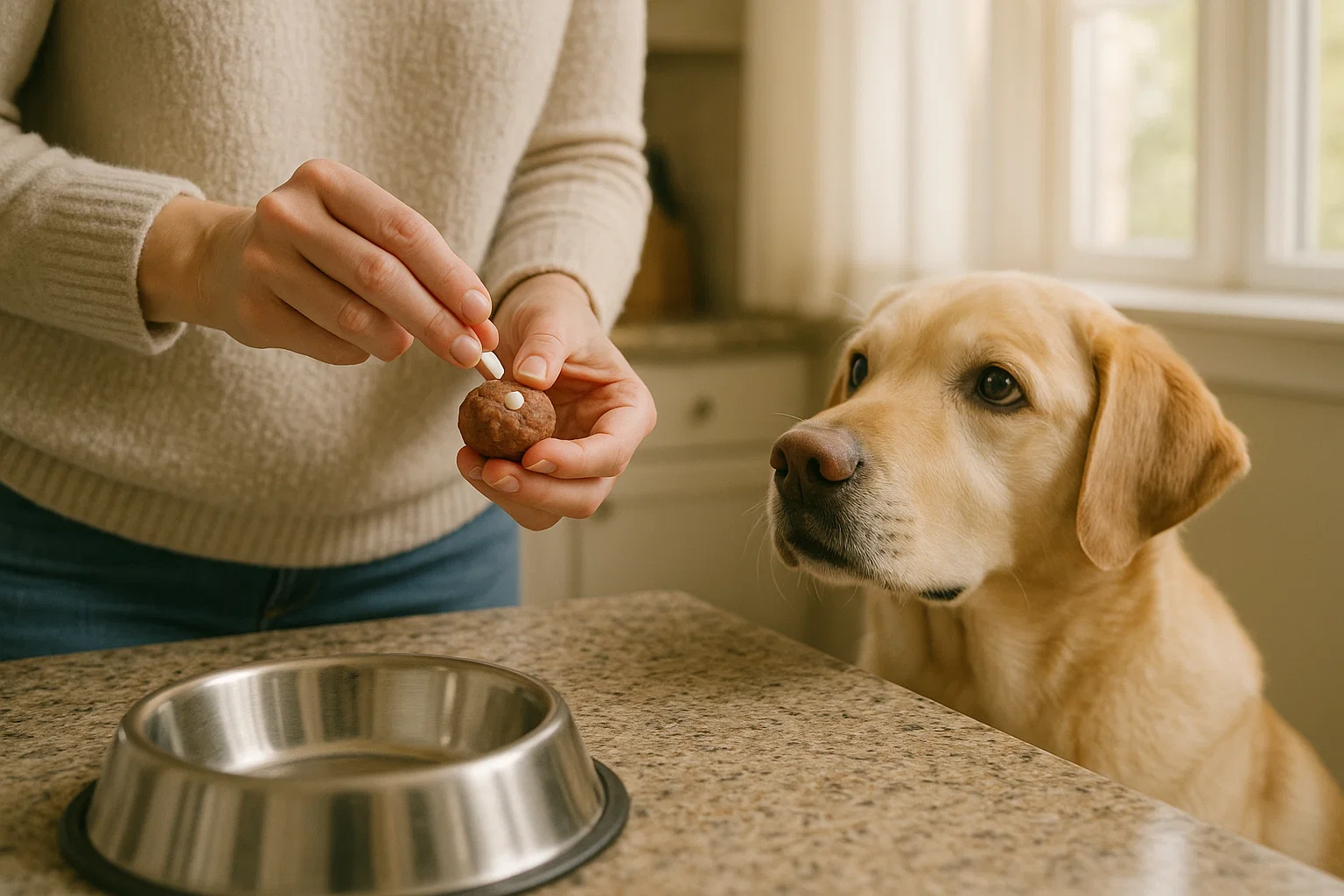 Dog drinking water beside supplement drops