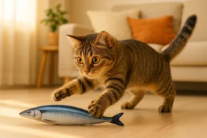 playful cat with fish toy