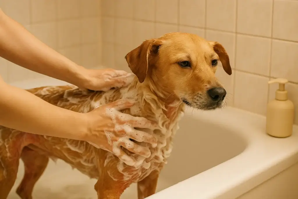 Dog getting oatmeal bath for itchy skin