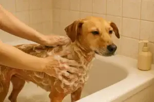 Dog getting oatmeal bath for itchy skin