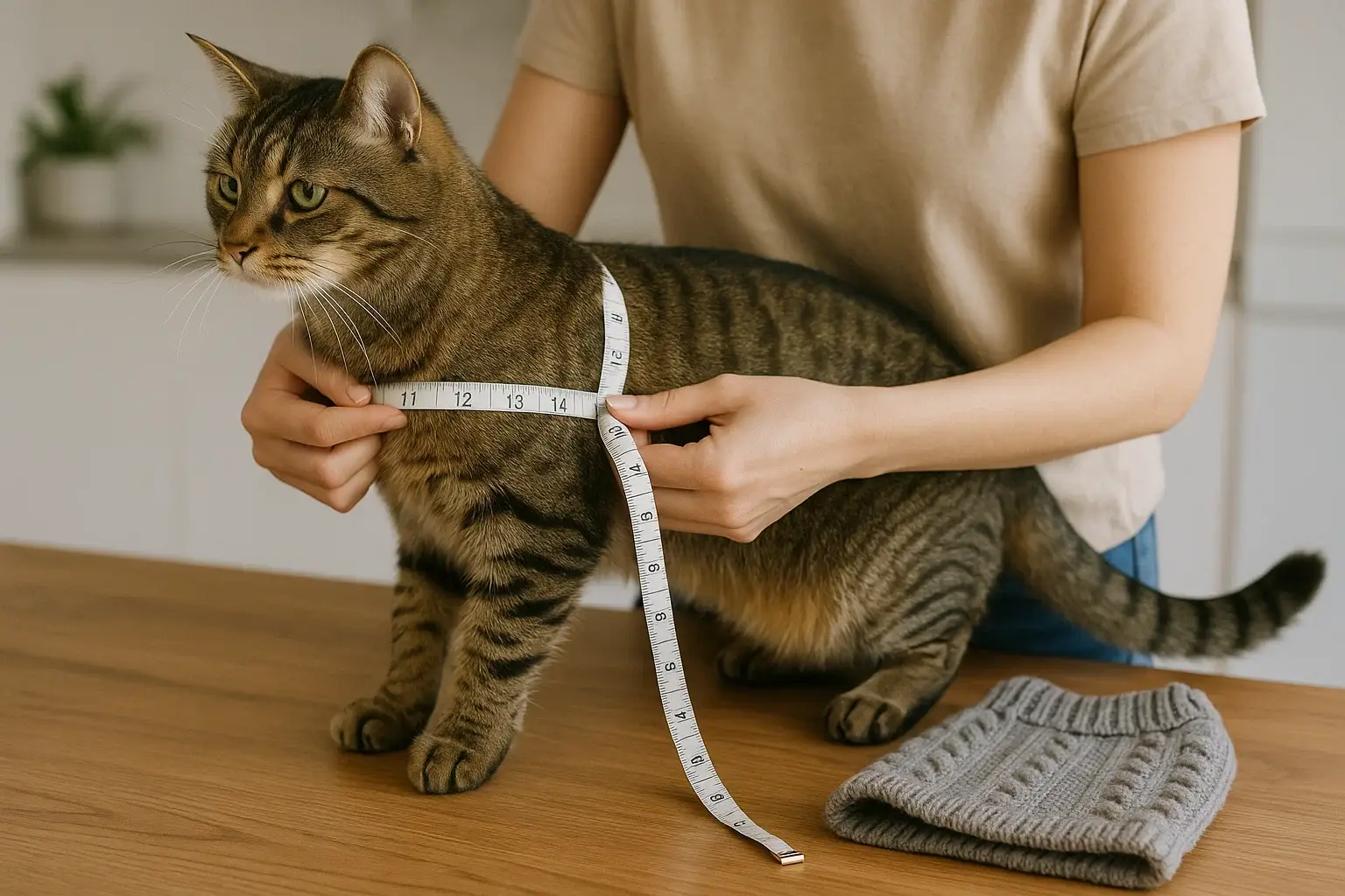 Owner measuring cat for sweater