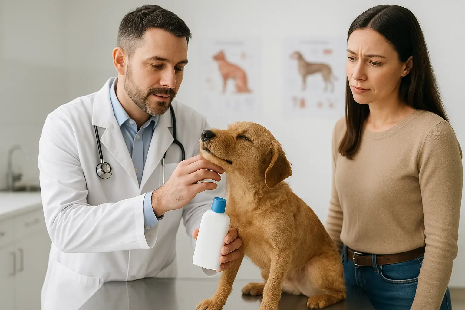 Vet discussing itchy dog skin and shampoo options