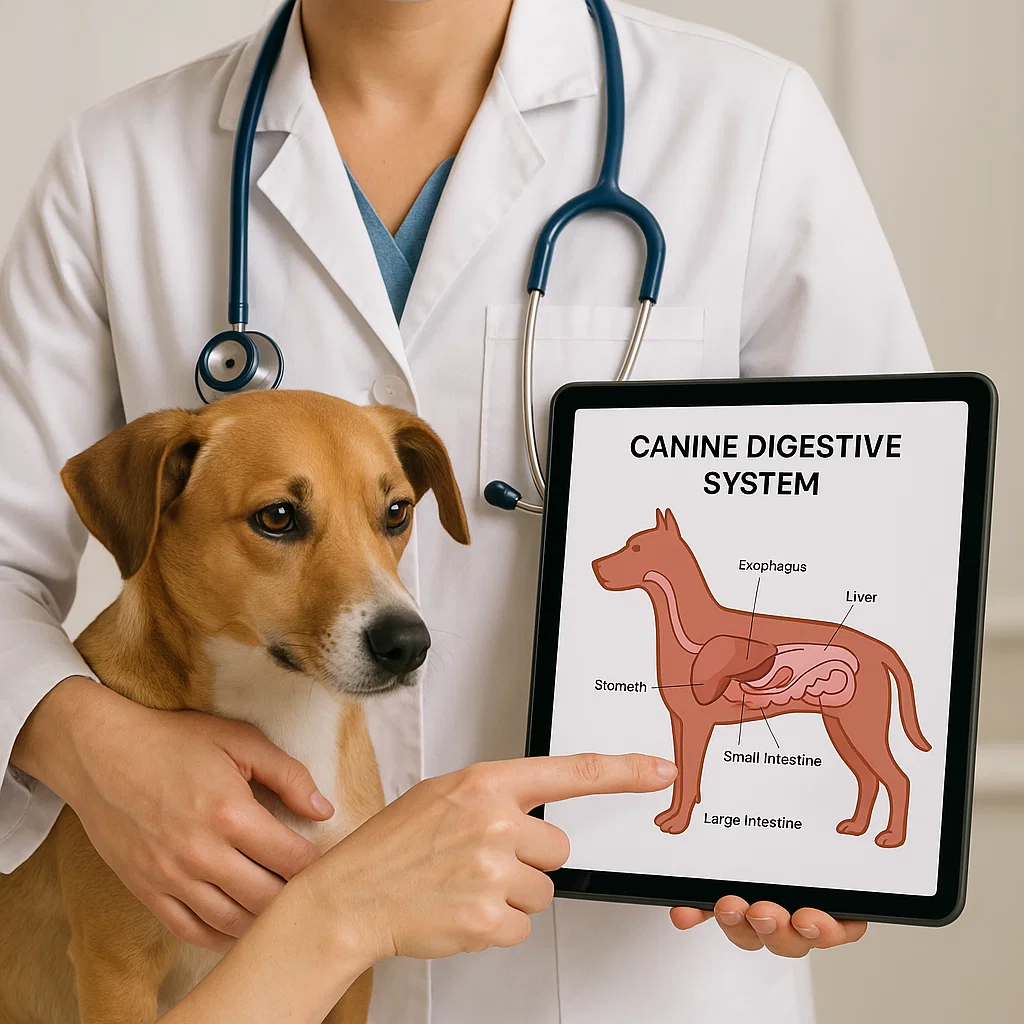 vet showing dog digestion chart