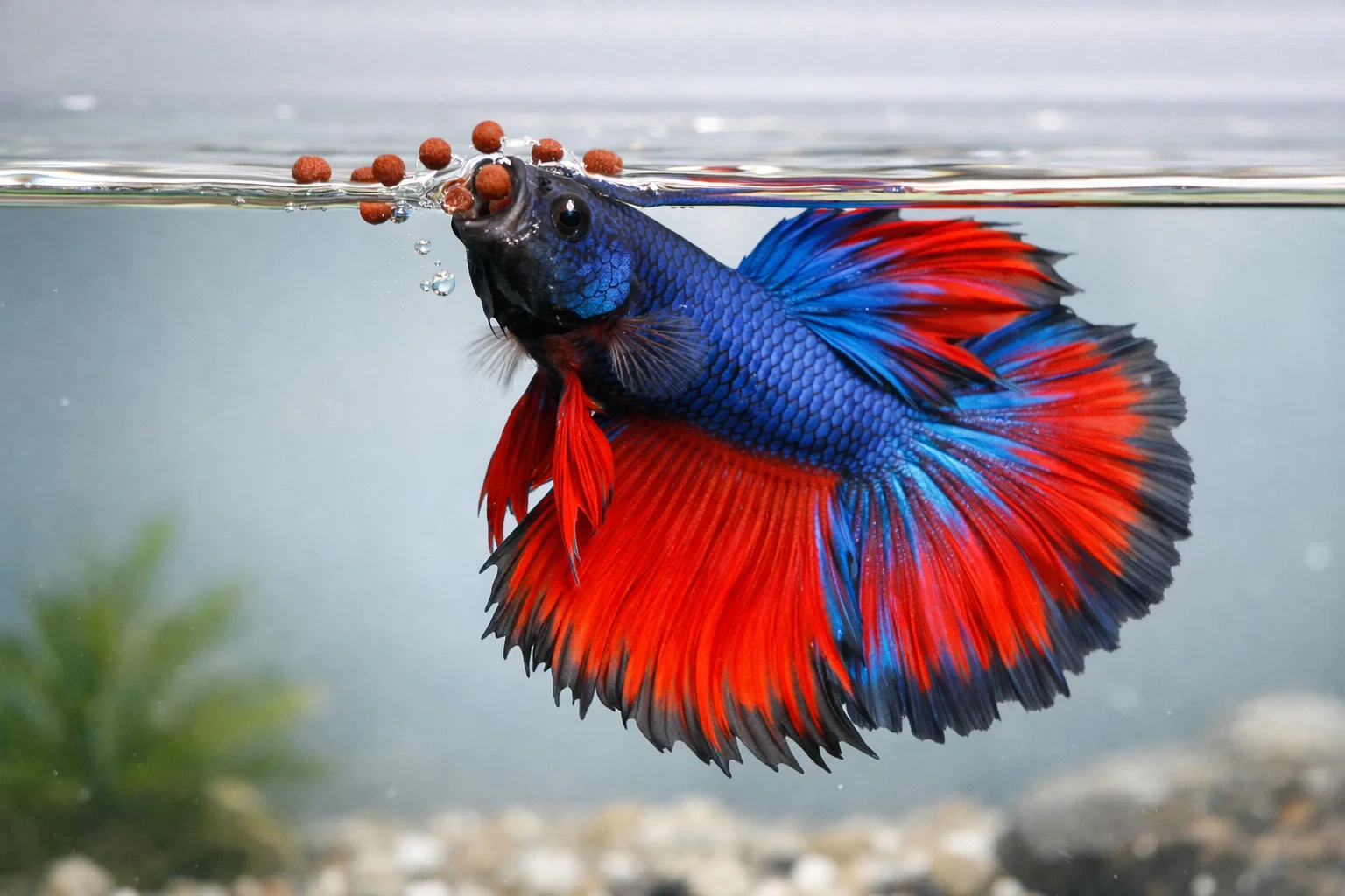 Betta fish eating floating pellets at the water surface