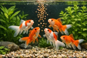 Goldfish feeding on slow-sinking pellets in a clean aquarium