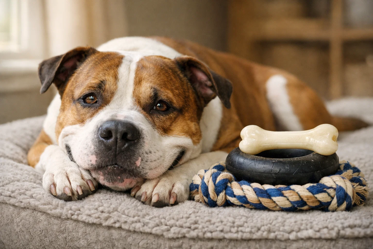 Large dog chewing an indestructible toy for aggressive chewers