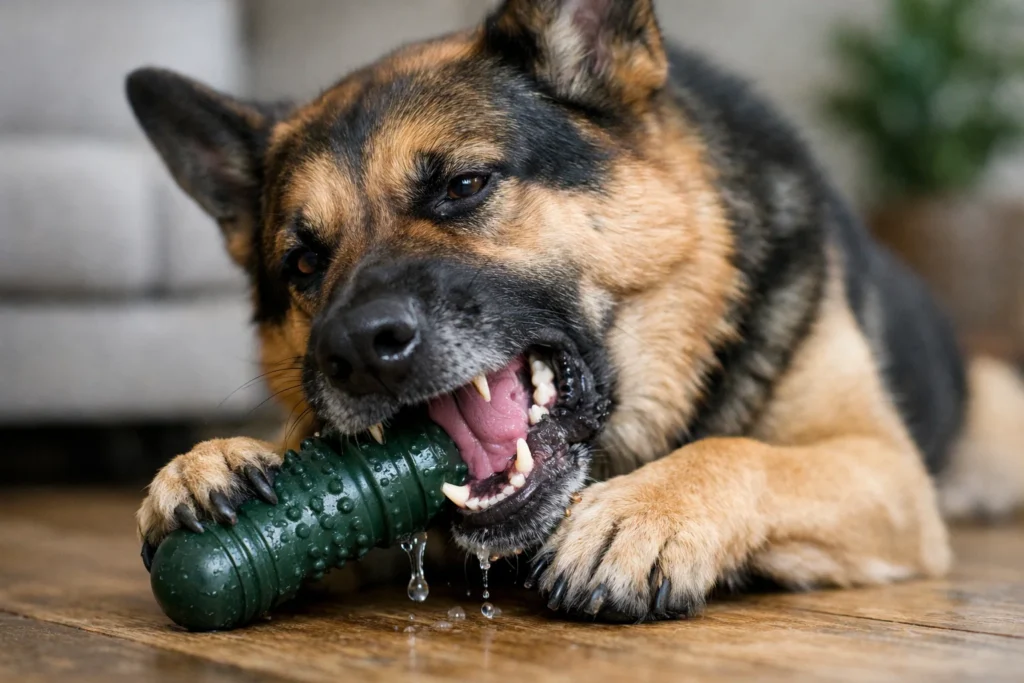 Large dog aggressively chewing a tough rubber toy on a wood floor