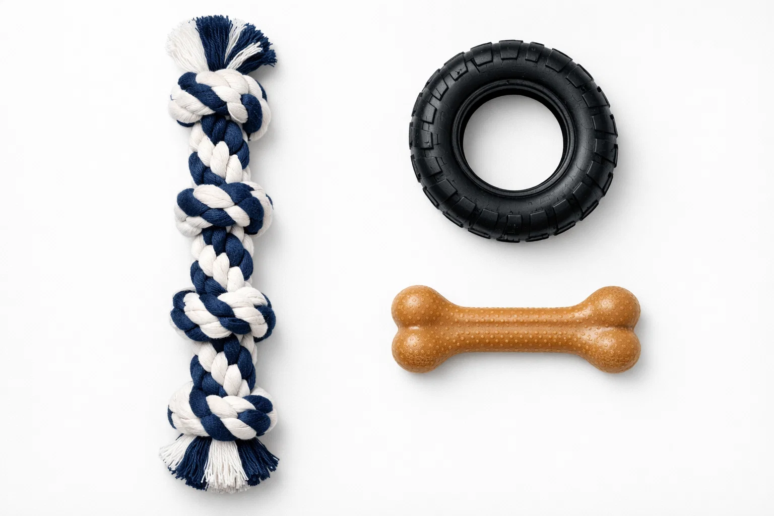 Types of dog chew toys for aggressive chewers including rope, rubber, and nylon