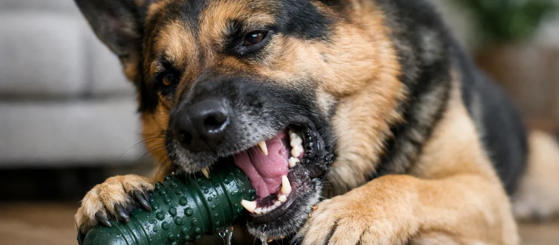 Large dog aggressively chewing a tough rubber toy on a wood floor