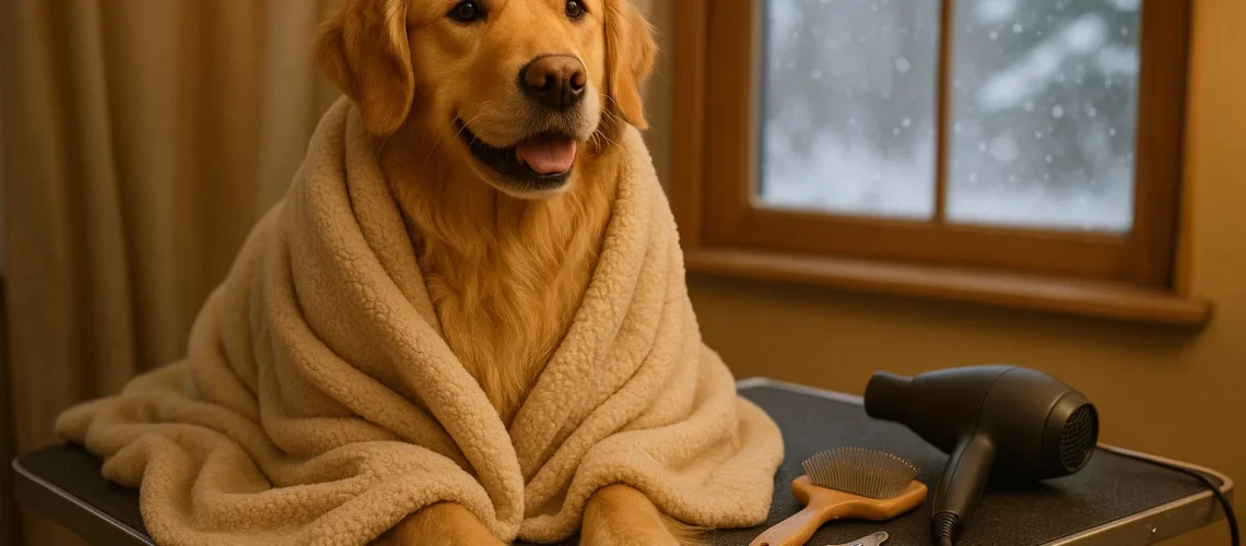 Golden retriever winter grooming indoor setup
